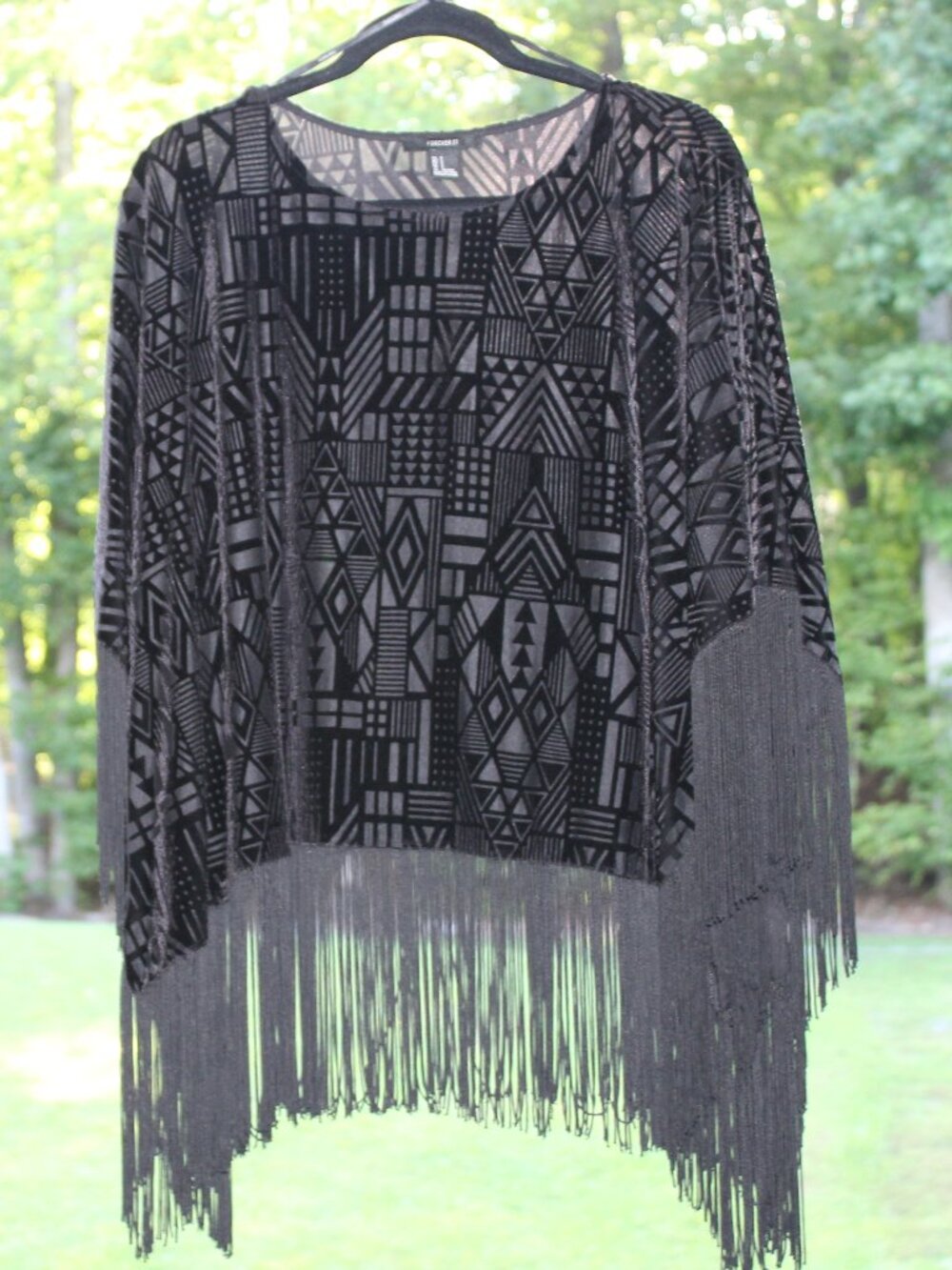 Velvet Fringe Burnout Sheer Poncho Cape Jacket Art Deco design in Black